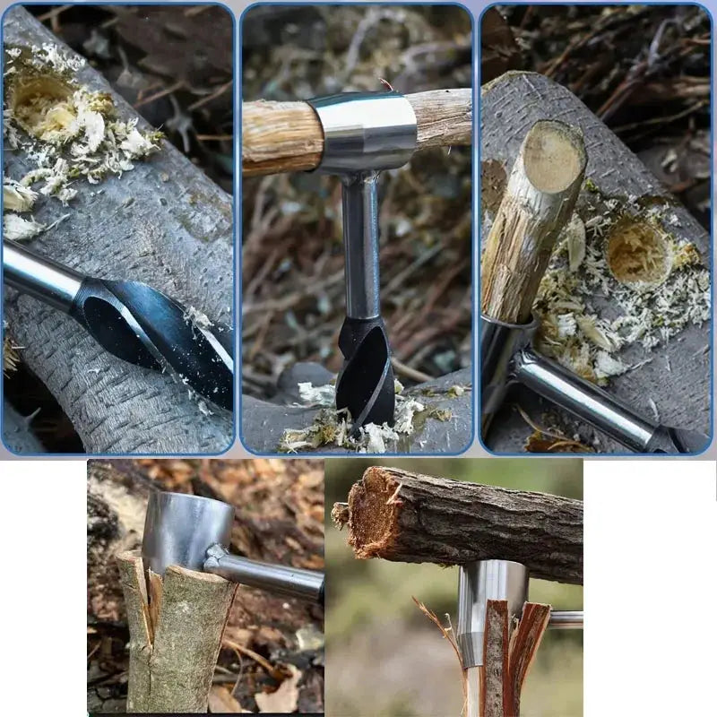 Auger wrench hand drill for outdoor survival; steel body with auger bit drilling into logs for bushcraft camping.