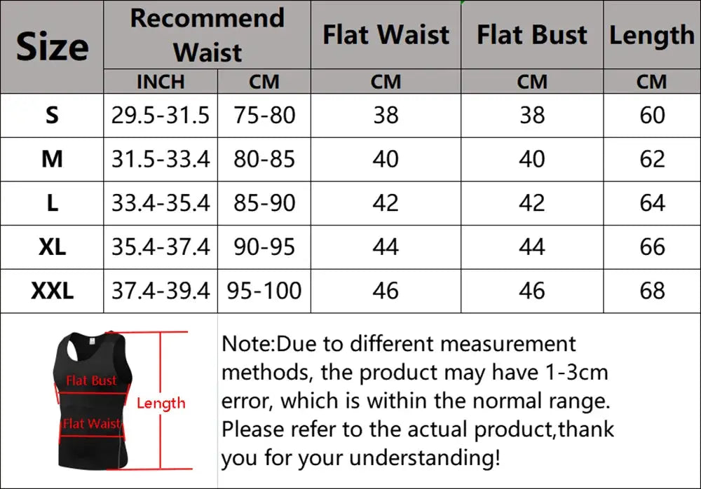 Black Simples Market men's compression tank top with tummy control; shows size chart (S–XXL) and measurement guide