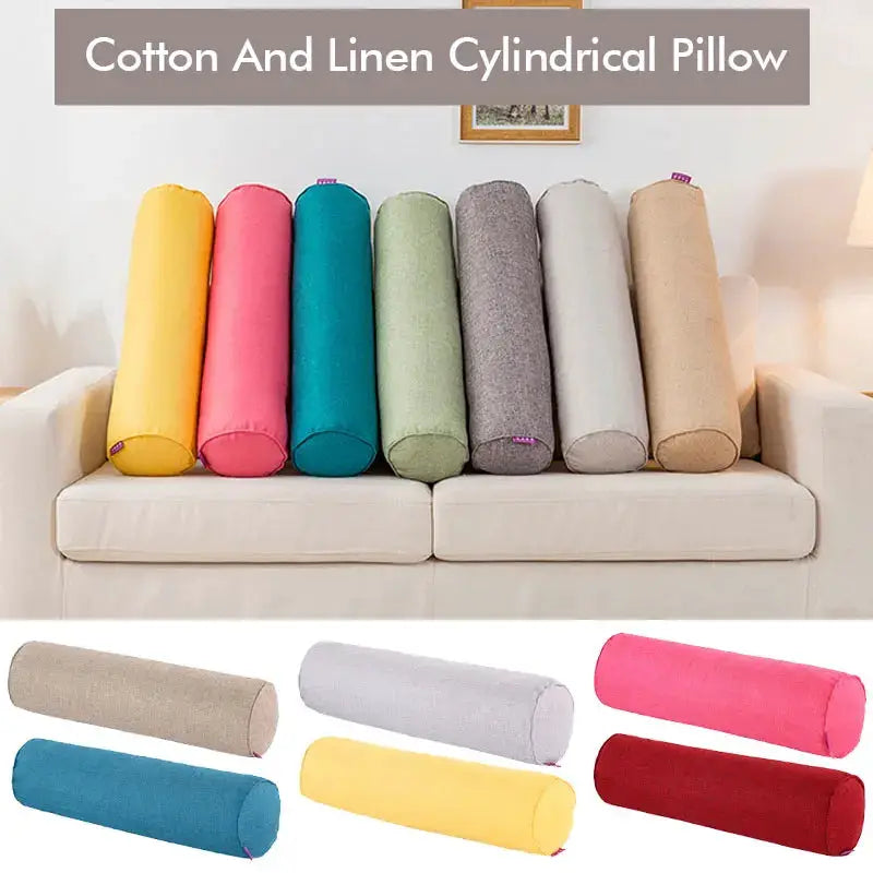 Simples Market cotton-linen cylindrical neck pillows on sofa in assorted colors, no fill