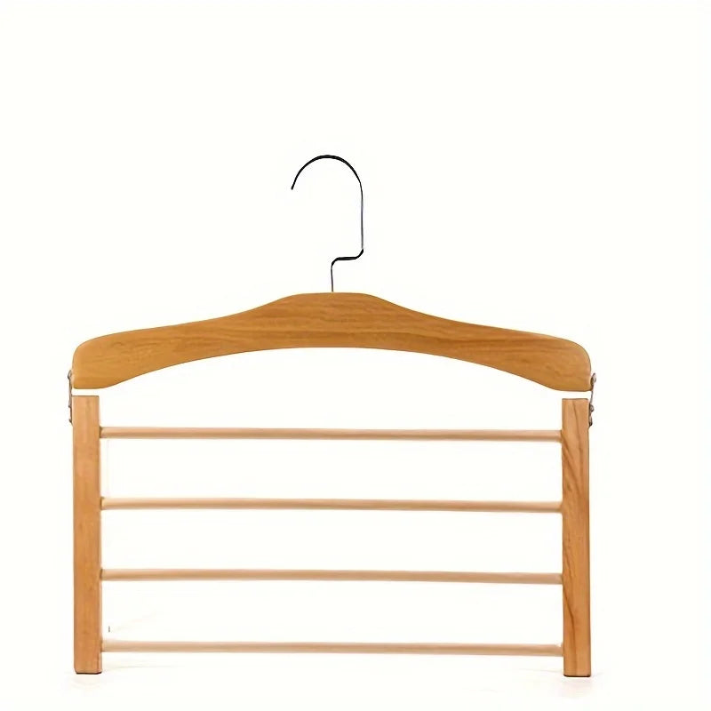 Solid wood trouser rack with multiple tiers and curved top, natural finish and metal hanger hook