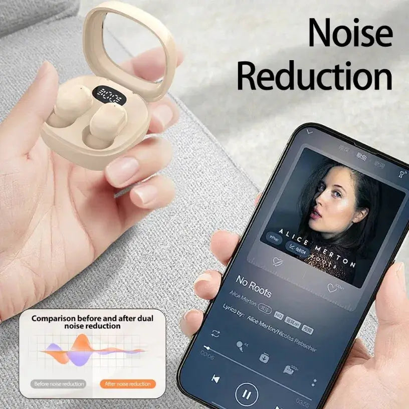 Simples Market VIKEFON Bluetooth 5.3 TWS earphones in beige charging case with noise reduction microphones.