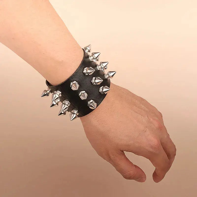 Unisex Black Leather Punk Bracelet With Metal Spike Studs Adjustable Goth Wristband Cuff Bangle