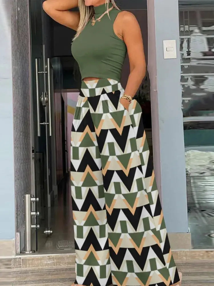 Summer Print Two Piece Set Women Sleeveless Tank Top Wide Leg Pants
