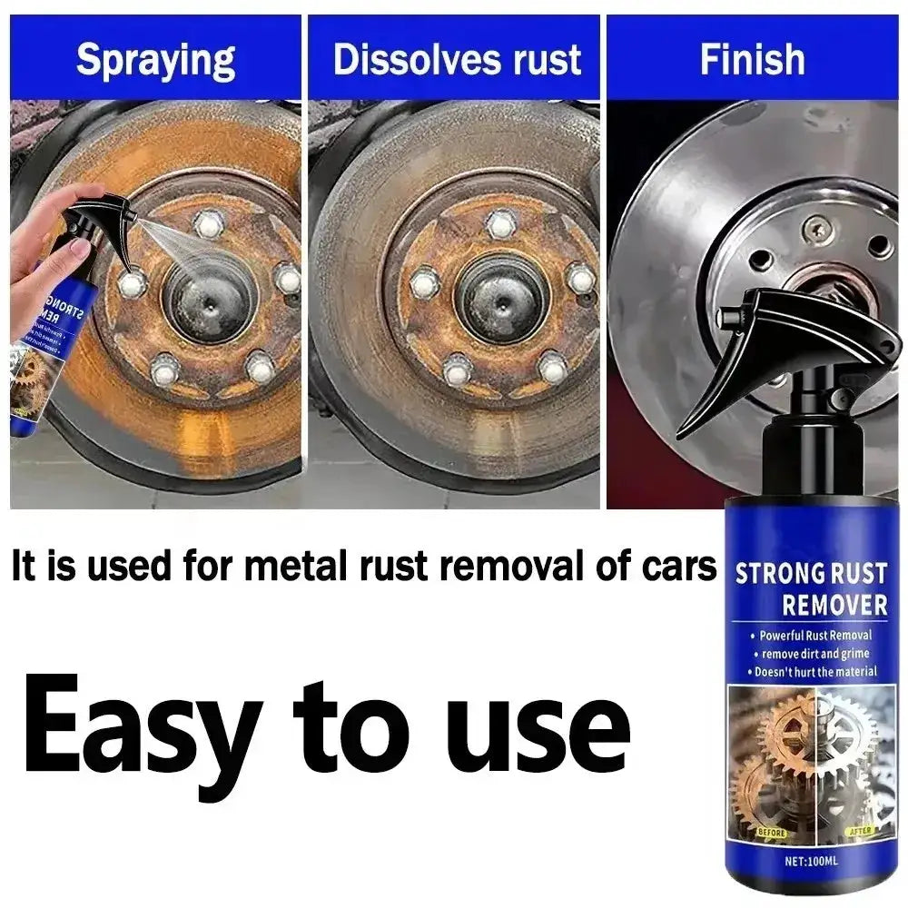 Automotive rust remover spray by Simples Market; blue bottle shown in a three-panel rust removal demo on a car wheel