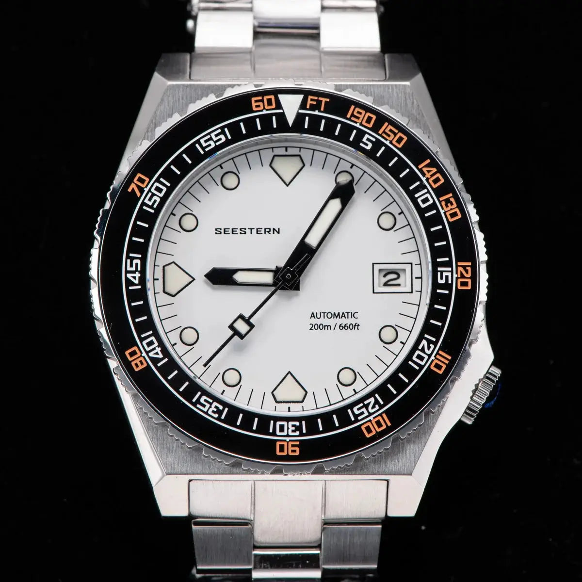 Seestern Sub600T V3 men's automatic diver watch with white dial, black ceramic bezel, stainless steel Jubilee bracelet