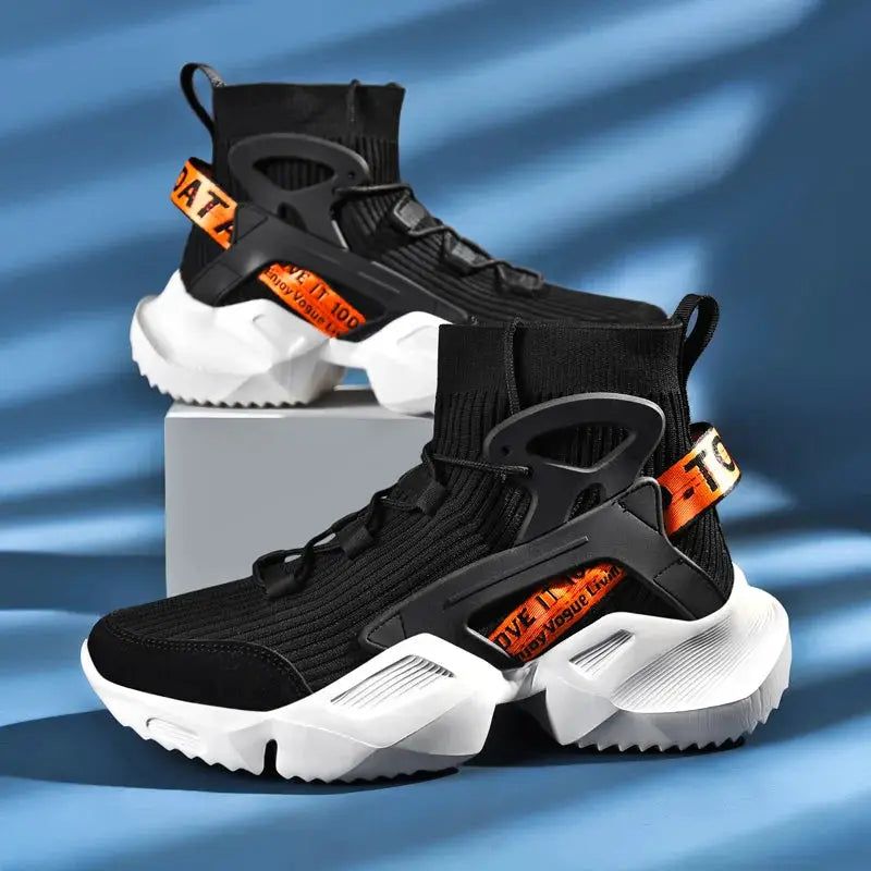 Men's black high-top athletic sneakers pair by Simples Market, orange pull tabs and white chunky soles