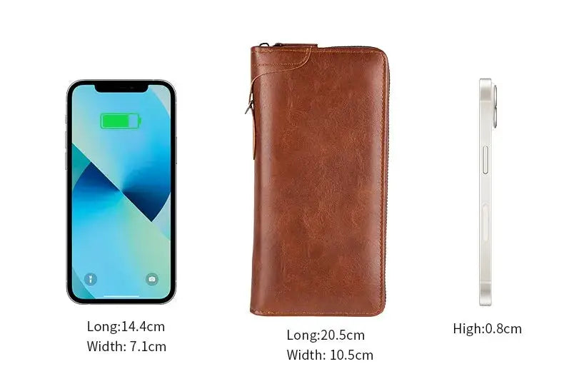 Men's brown PU leather long zipper wallet with RFID blocking; 3-item view includes phone for scale.