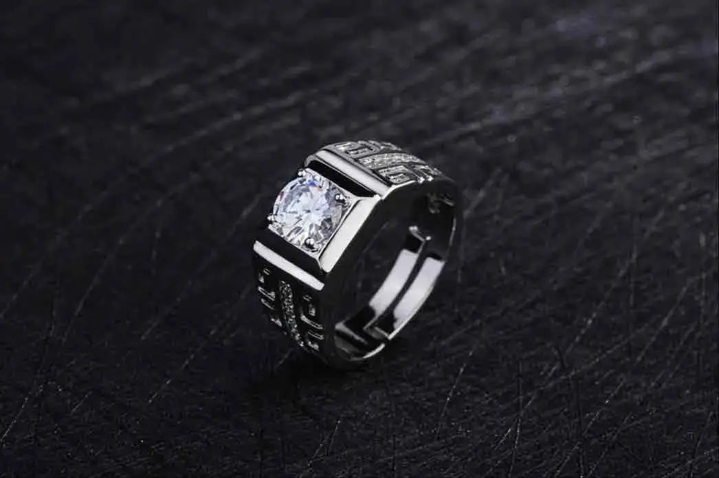 Mens 925 Sterling Silver Ring Crystal Charm Adjustable Size Jewelry Gift For Engagement And Wedding High Quality
