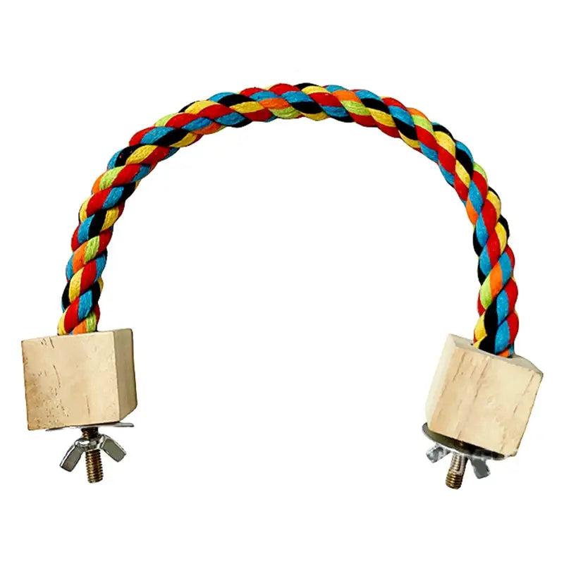 Simples Market parrot rope toy with colorful braided cotton and wooden end blocks.
