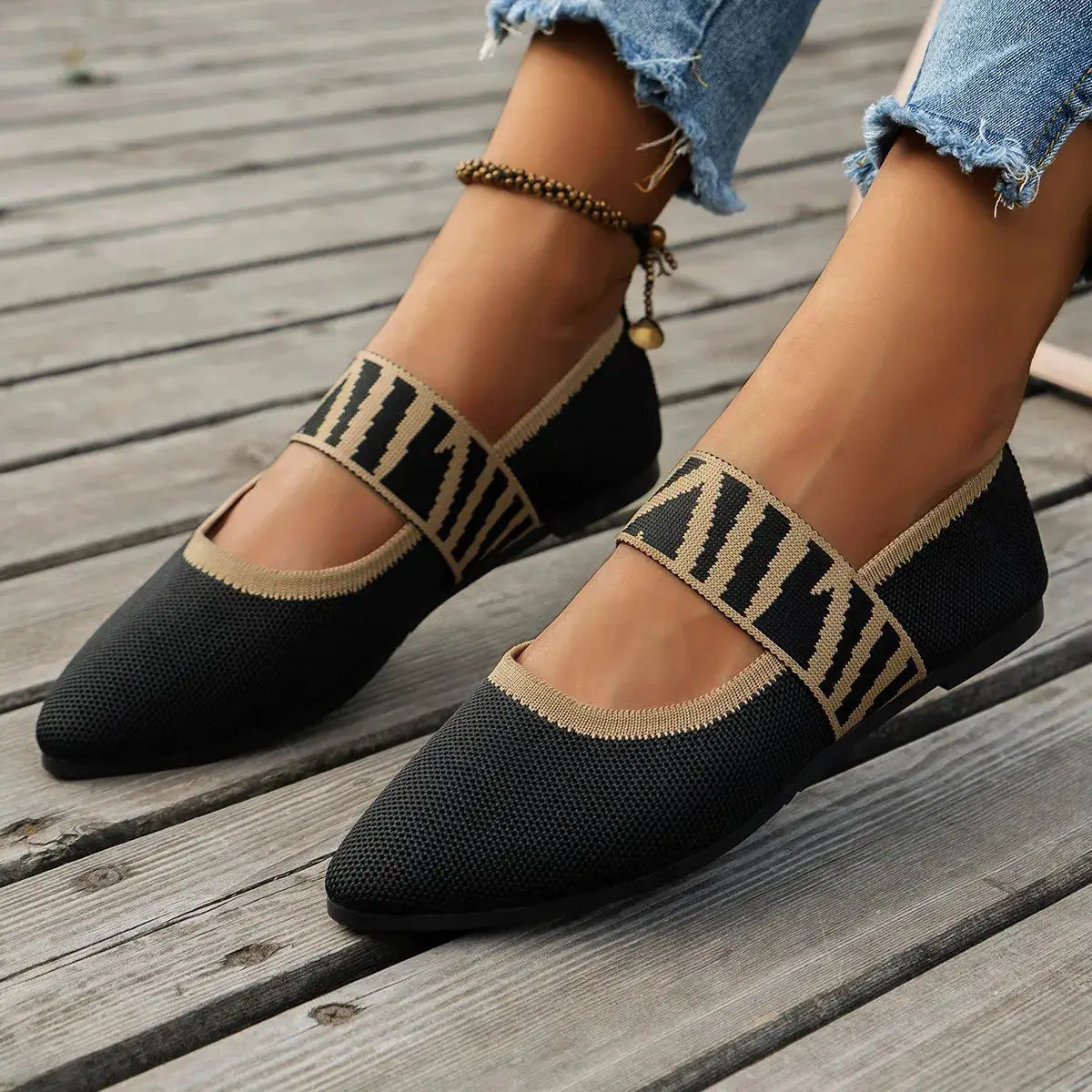 Knitted Color Block Women Flat Shoes Pointed Toe Ballet Flats