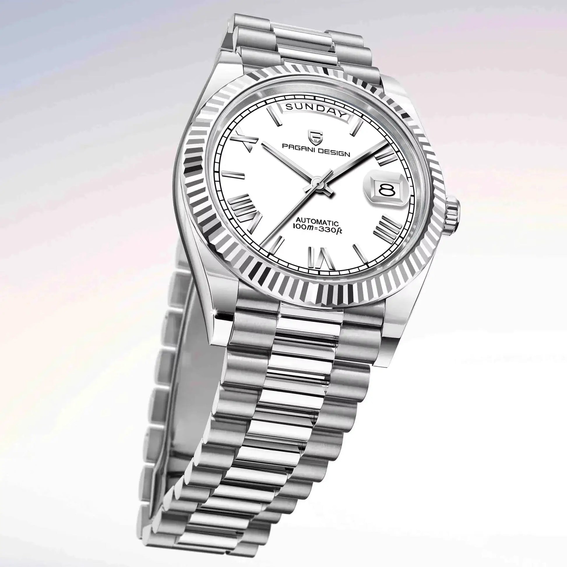PAGANI DESIGN men's stainless steel wristwatch with white dial, day window and date magnifier
