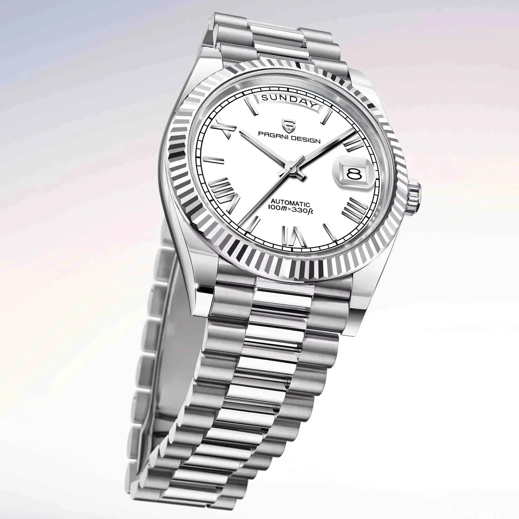 PAGANI DESIGN men's stainless steel wristwatch with white dial, day window and date magnifier