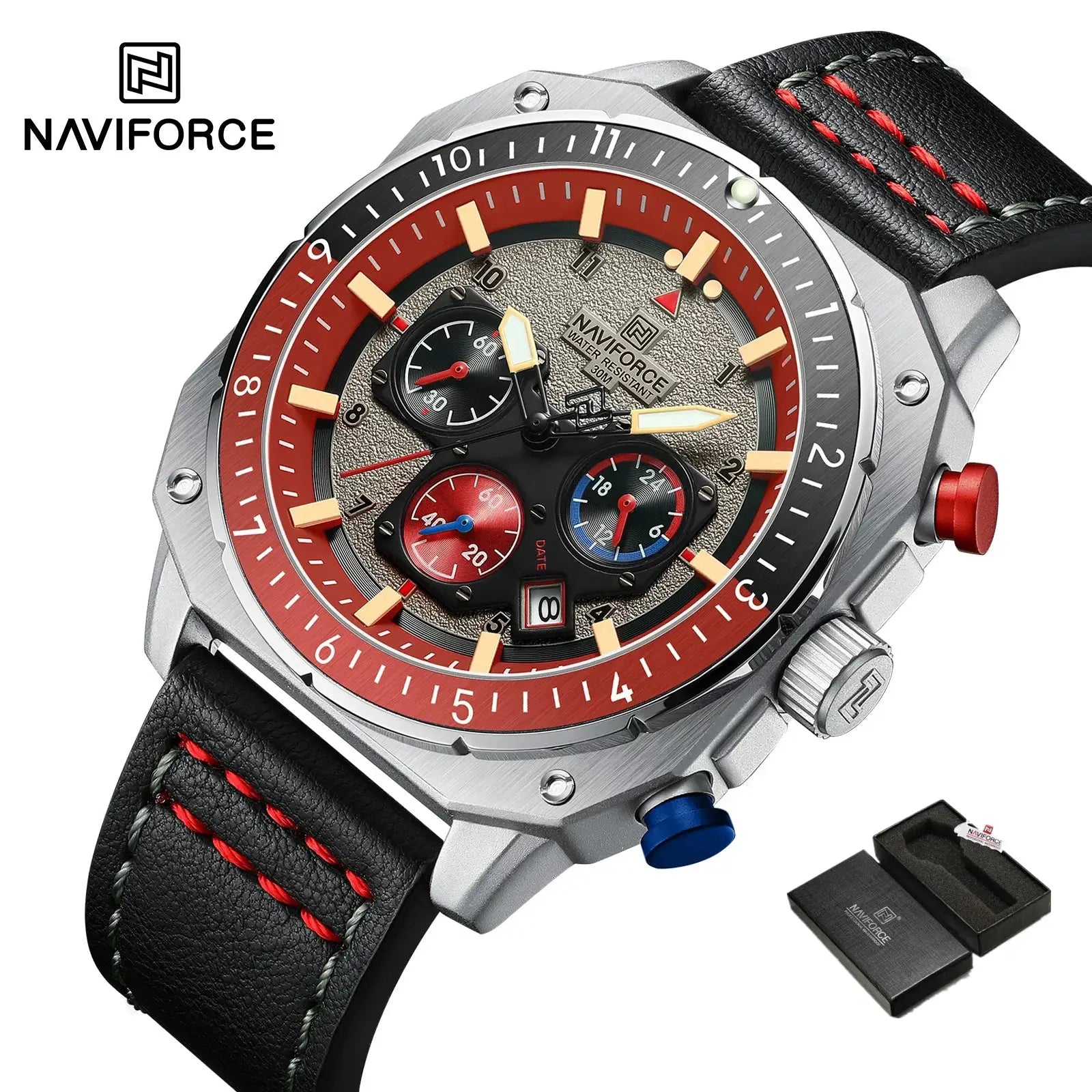 NAVIFORCE men's sports watch with red bezel, beige dial, and leather strap with red stitching