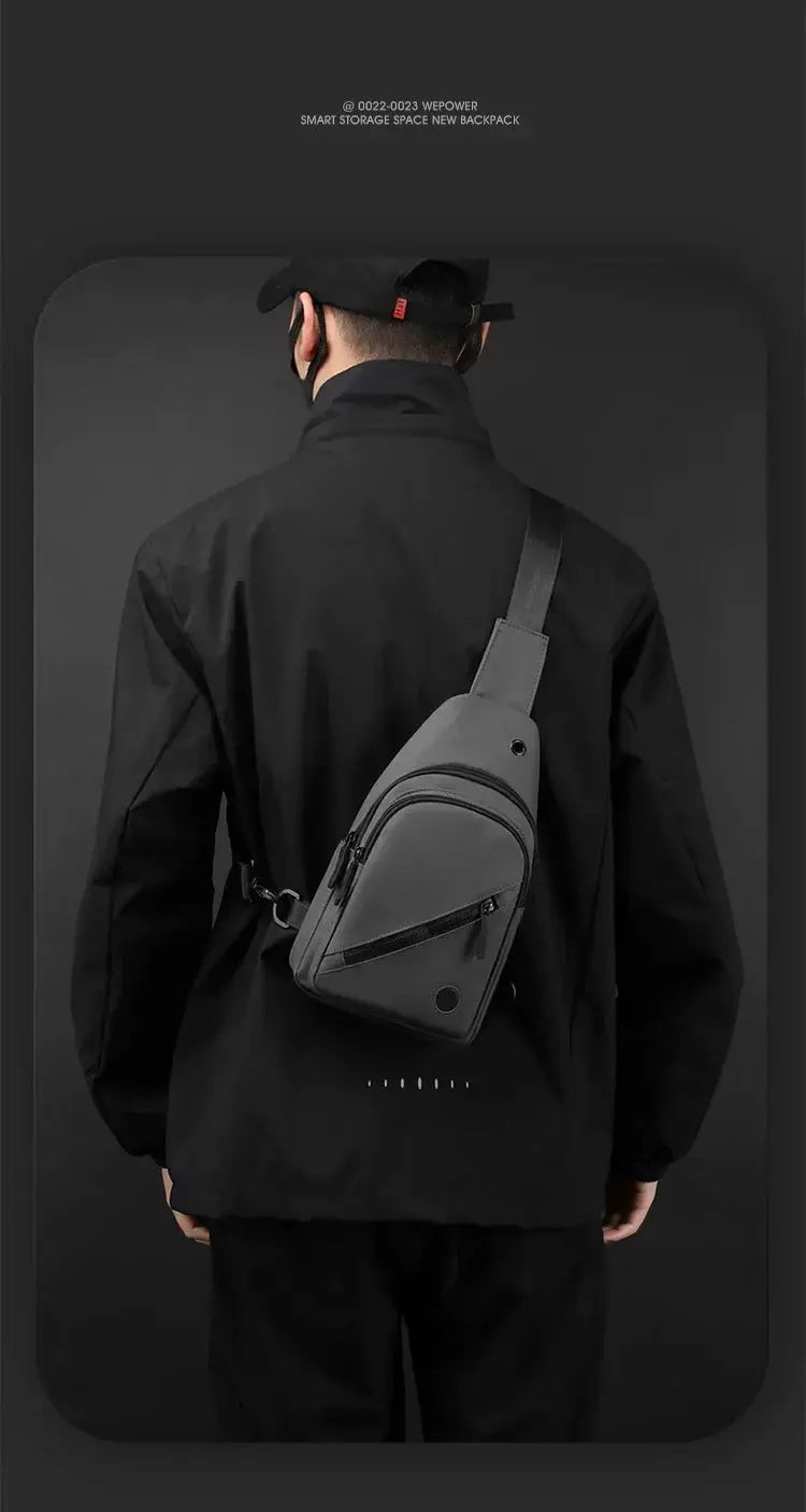 Lightweight men's chest bag from Simples Market, gray nylon crossbody sling with front zipper pocket