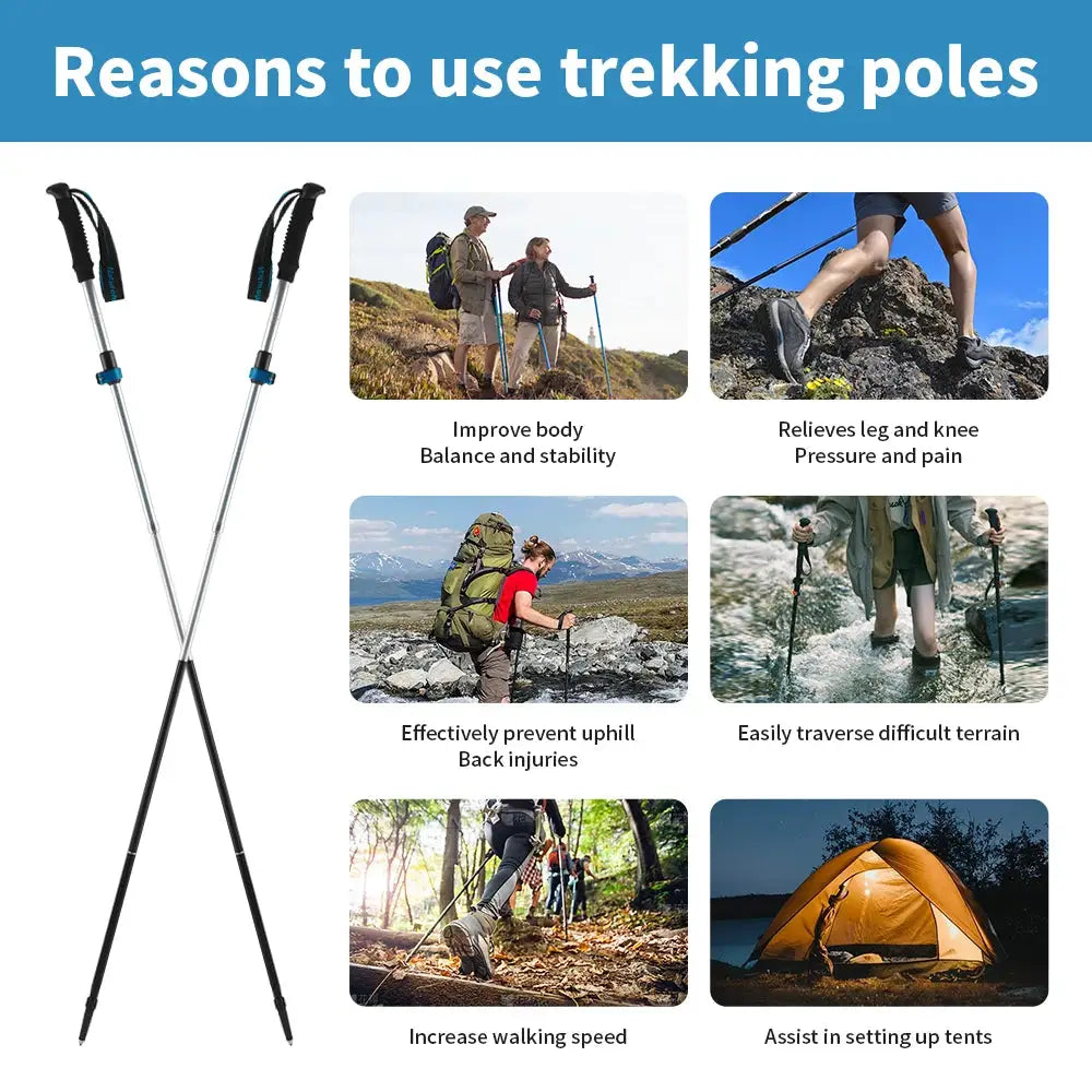 Pair of ultralight aluminum trekking poles with black grips and blue clamps.