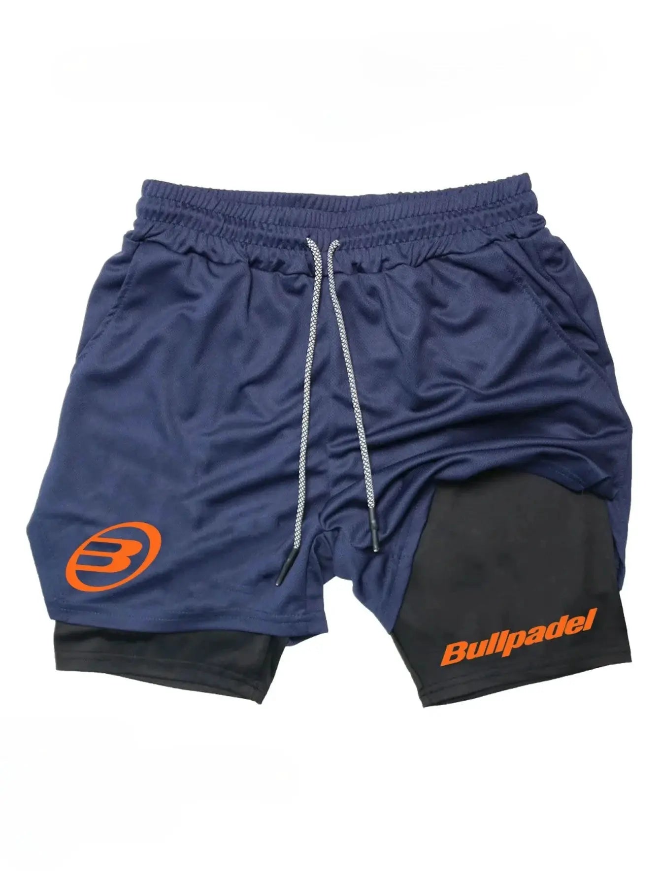 Berserk men's 2-in-1 shorts navy with black inner panel, drawstring waist, quick-dry fabric, orange Bullpadel logo.