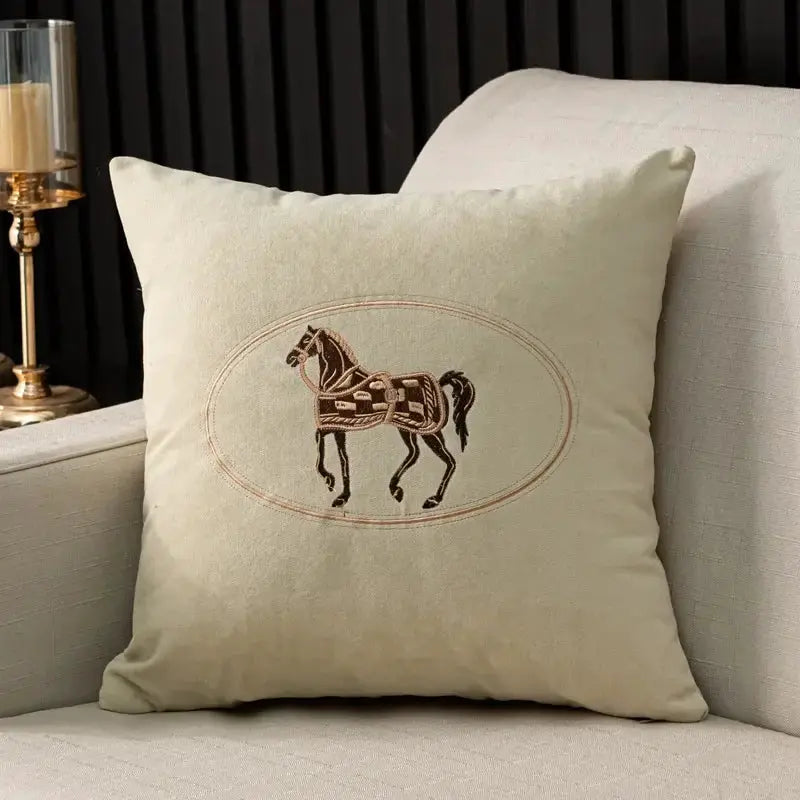 Cushion cover 45x45cm with hand-embroidered brown horse pattern on beige fabric