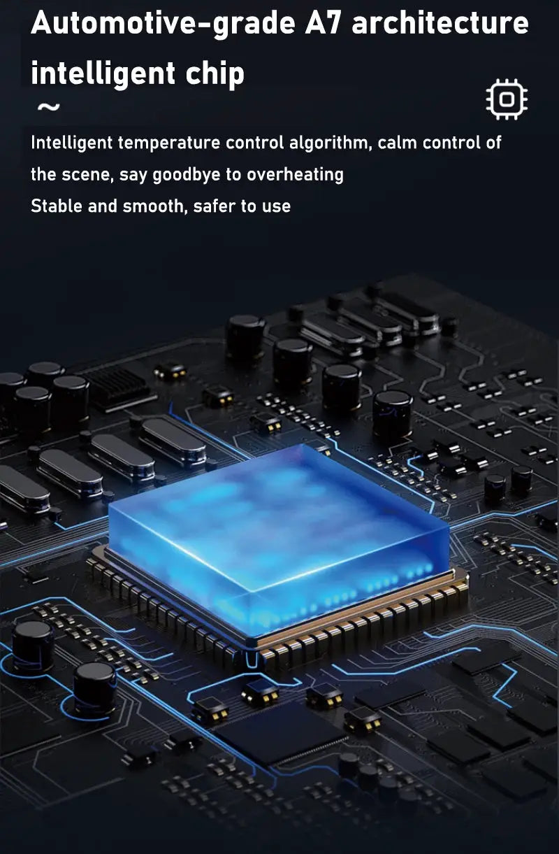 2-in-1 wireless Android Auto CarPlay adapter, blue illuminated AI smart box on a circuit board