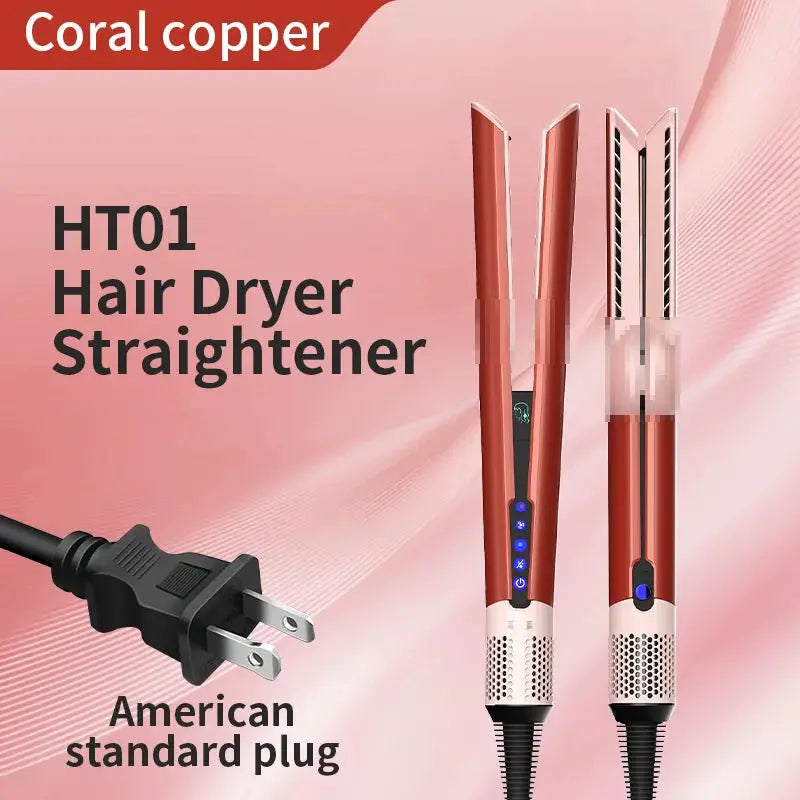 HT01 hair dryer straighteners pair in coral copper finish with blue LED controls; American plug