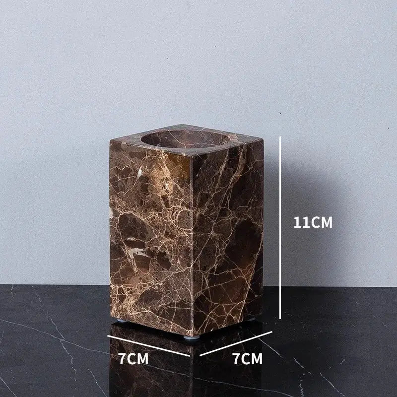 Emperador Dark marble toothbrush holder, brown natural stone bathroom accessory by Simples Market, 7x7x11 cm.