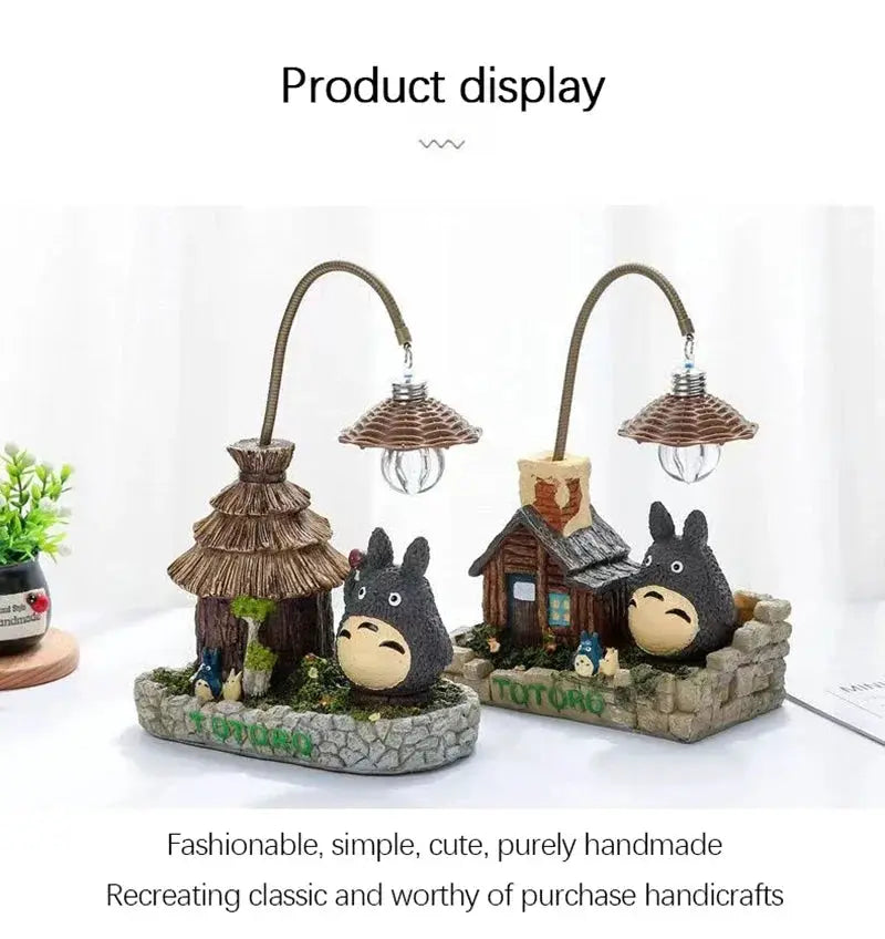 Totoro-inspired LED desk lamp set, handmade resin figurines on stone bases with two bulb lamps