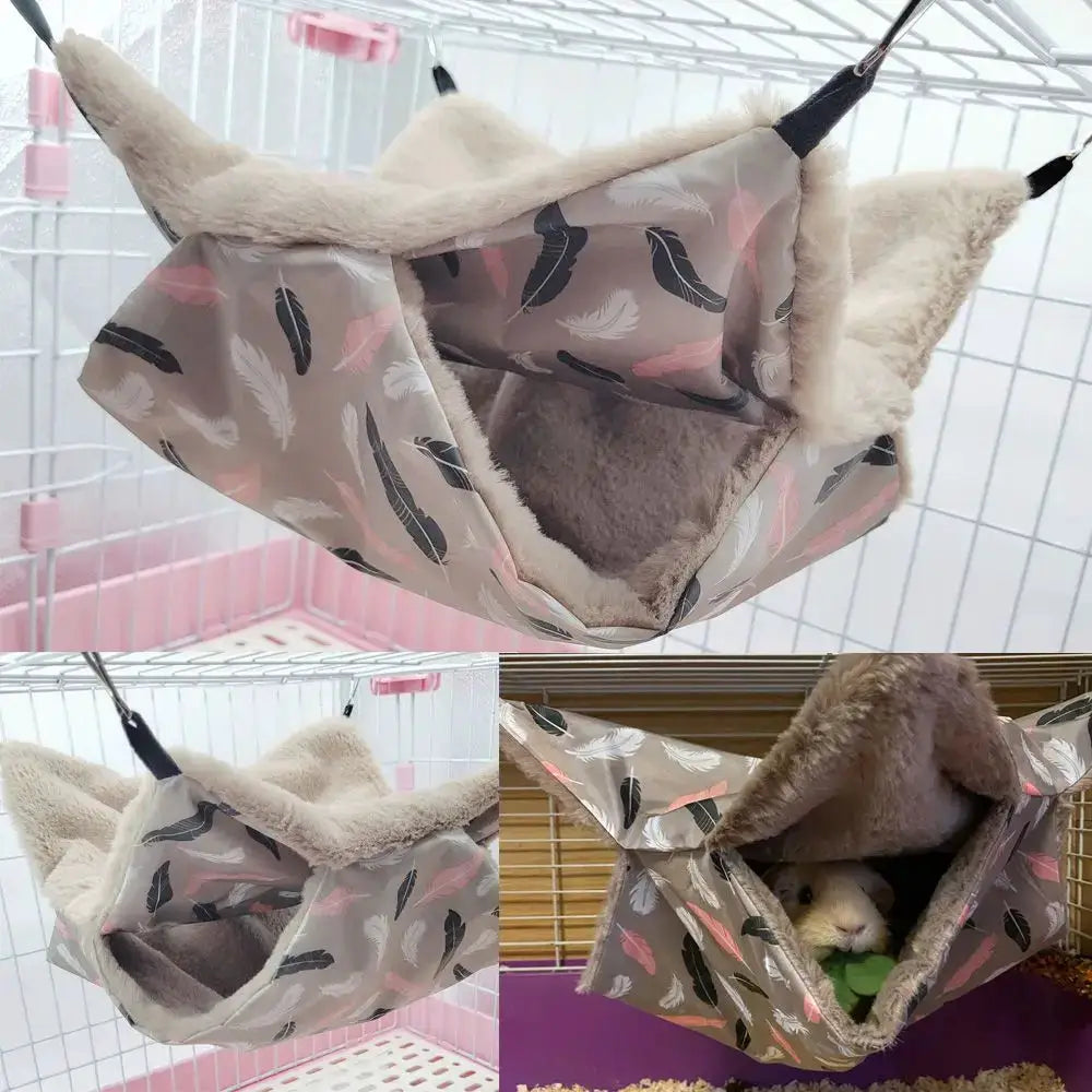 Warm plush beige hamster hammock for small pets, double-layer sleeping bag with fur lining, hanging in cage.