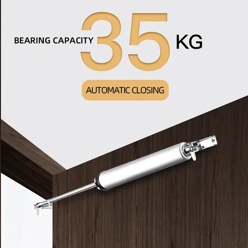Automatic door closer by Simples Market; silver cylindrical unit with rod, 35 kg capacity