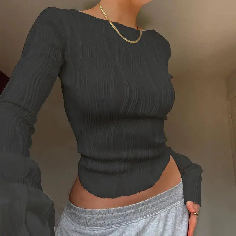 NovaMode Women Ruched Long Sleeve Cropped Top Cotton Blend Slim Fit White True To Size