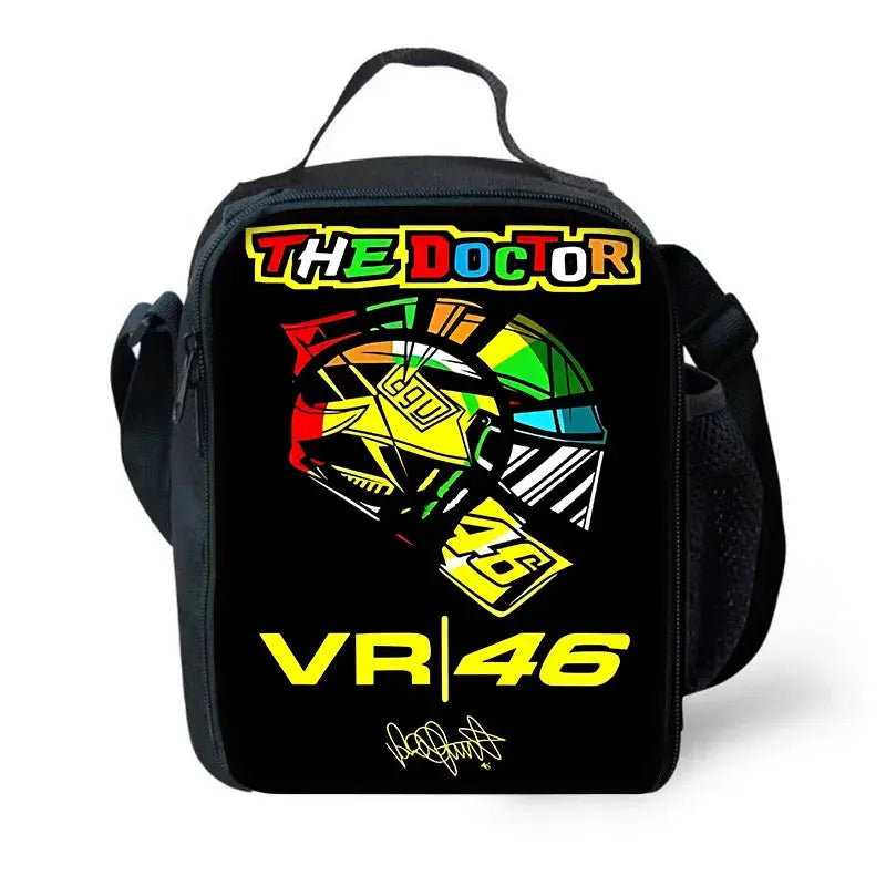 Kids' black school backpack with colorful VR46 Doctor helmet graphic.