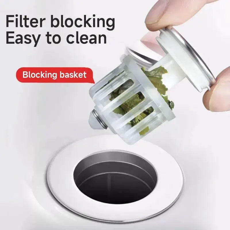Universal basin pop-up drain filter by Simples Market; white plastic hair catcher for sink