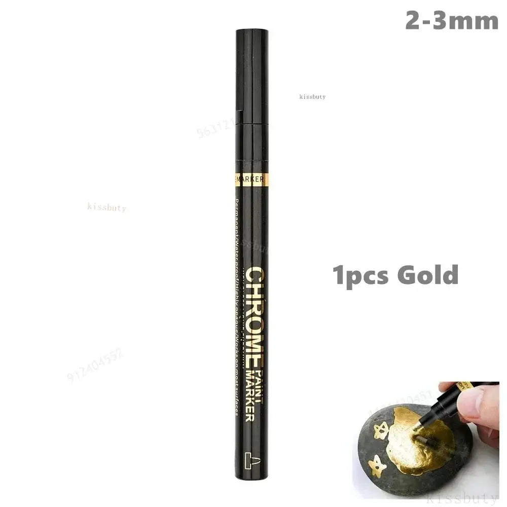 Chrome mirror marker pen, 2mm tip, black barrel with gold band for DIY reflective art