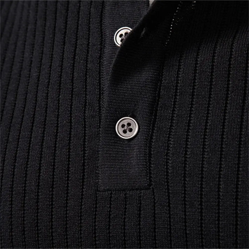 AIOPESON black ribbed knit polo shirt with button placket, long sleeve