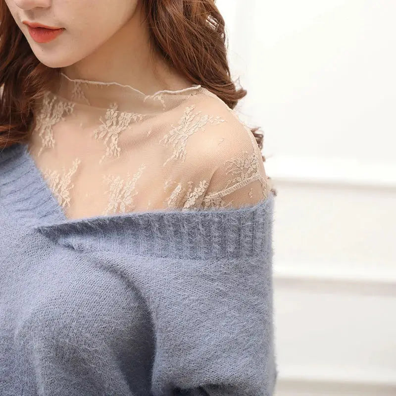 AstraNova Mesh Couture Black Hollow Out Turtleneck Top Sheer See Through Long Sleeve Womens Shirt