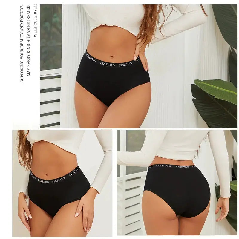 Black seamless cotton briefs with Finetoo waistband; high-waisted, breathable underwear shown from front, side and back.