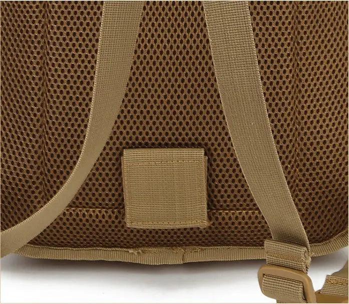 Tactical sling bag back view Simples Market; brown fabric with tan straps and padded mesh back.
