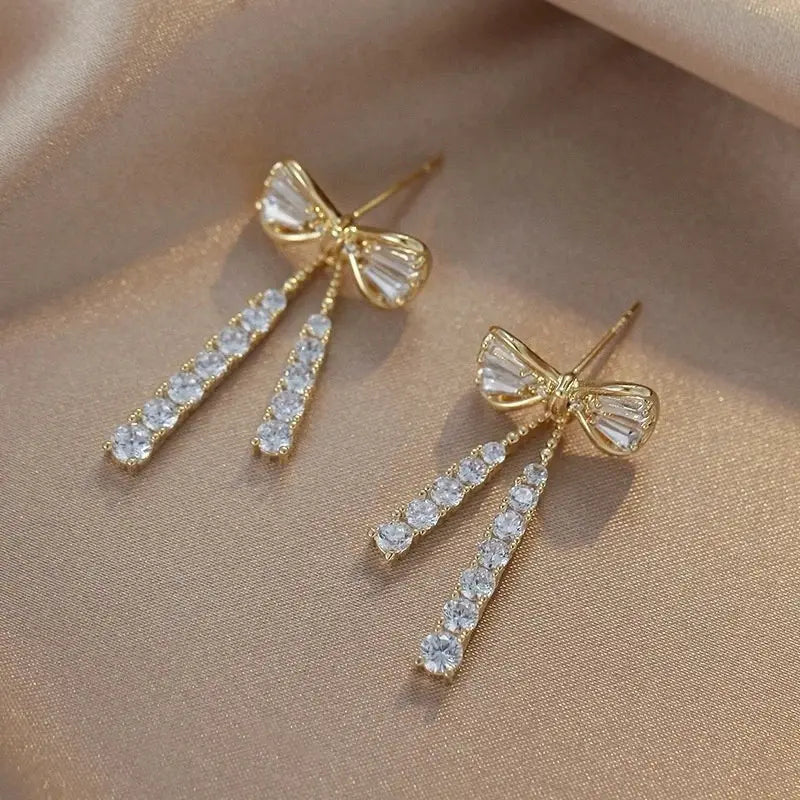 Korean Niche Design Full Diamond Bow Tie Tassel Earrings Elegant Sparkle Temperament Jewelry