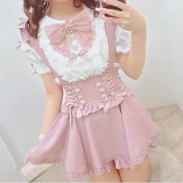 Simples Market pink Gothic Lolita suspender mini skirt with lace, bows and ruffles