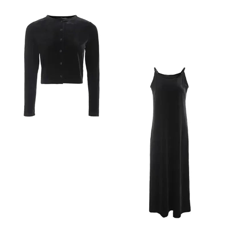 Autumn Solid Color Sleeveless Dress With Long Sleeve Cardigan Set In Cozy Polyester Fleece For All Day Comfort