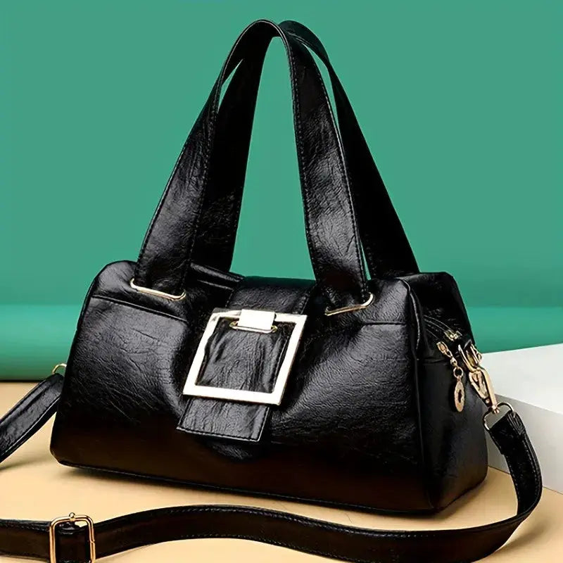 Women black leather multi-layer top-handle bag with gold square buckle and shoulder strap