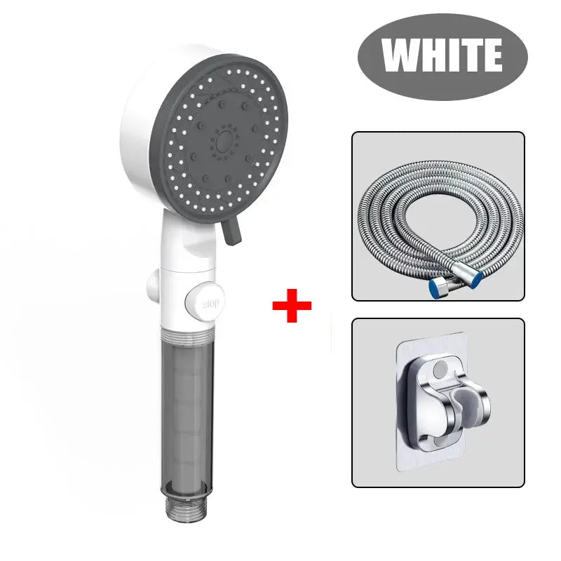 10-mode handheld showerhead by Simples Market in white with flexible hose and wall mount.