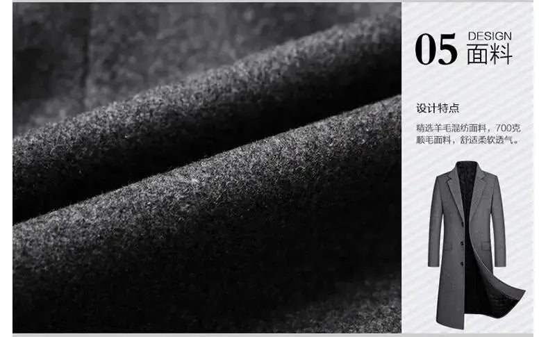 Men's XXL gray wool-blend overcoat with cashmere, long trench coat for winter