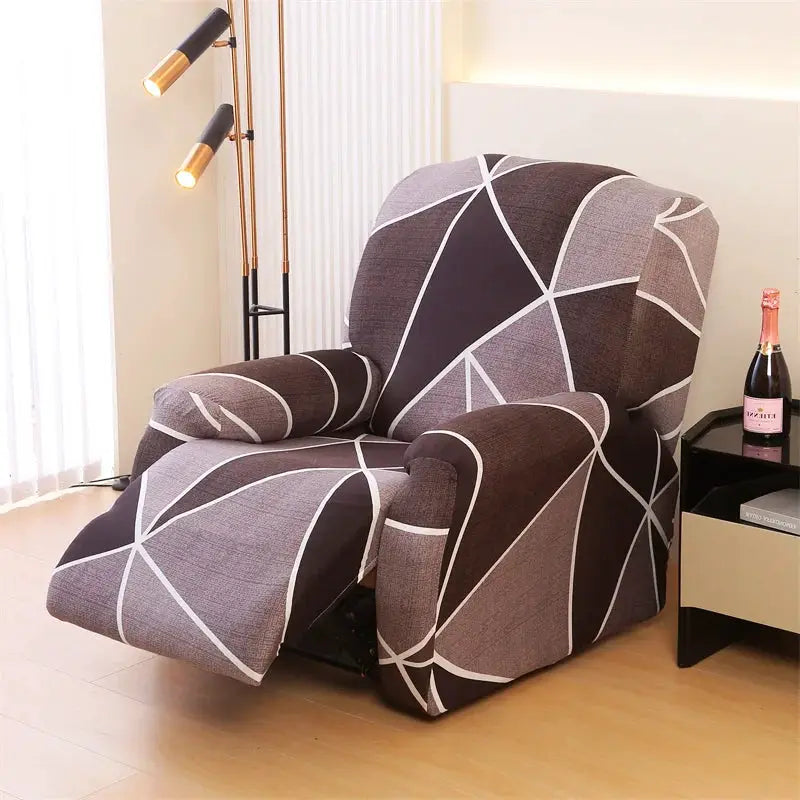 Stretch recliner chair cover in brown-gray geometric pattern with white lines; pet-friendly protection