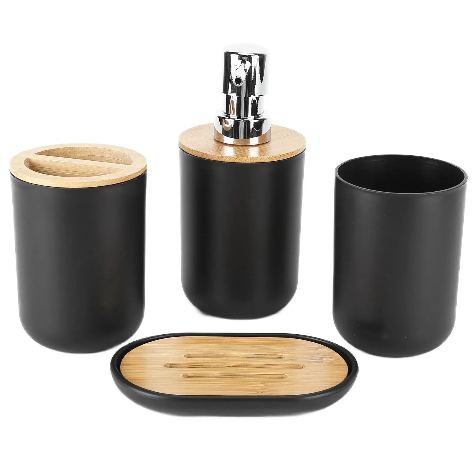 Simples Market 4-piece bamboo bathroom accessories: black dispensers, toothbrush holder, tray, tumbler and soap dish.