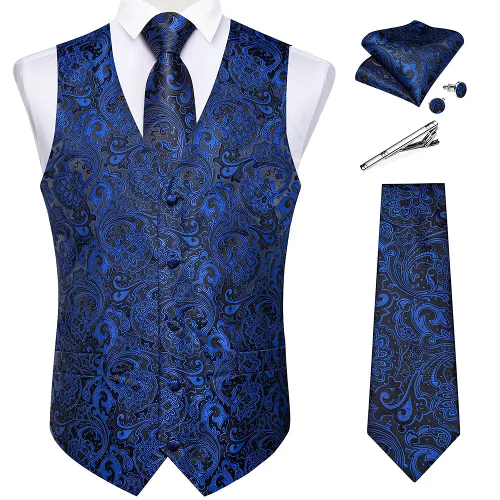 Black Jacquard Men Vest Paisley Single Breasted Wedding Groom