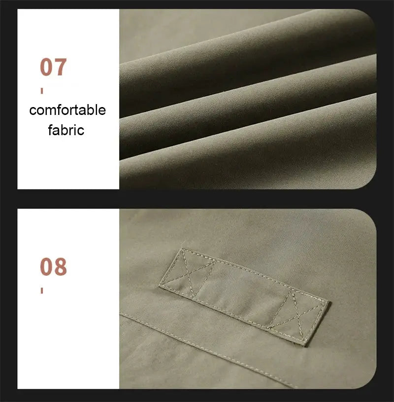 Men's olive windproof sleeveless vest fabric close-up with strap stitching