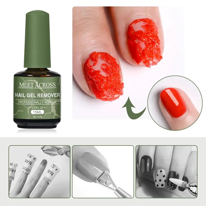 Meet Across 15ml nail gel remover by Simples Market; green bottle with label and red gel nails.