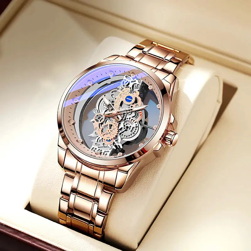 Rose-gold skeleton automatic wristwatch for men with transparent dial and visible gears on a metal link bracelet