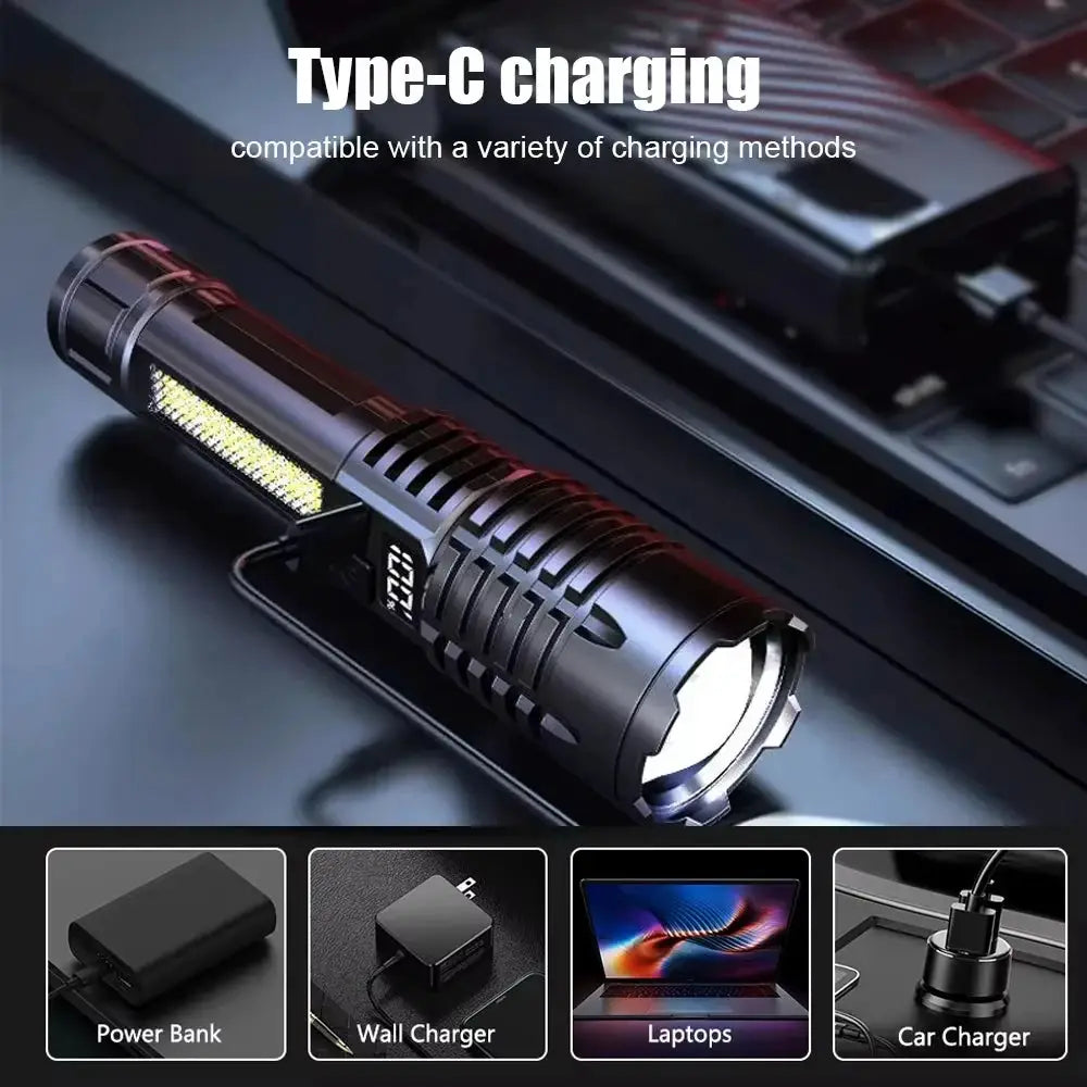 Simples Market 100000LM rechargeable LED tactical flashlight, black metal body with Type-C charging; includes 4 charging accessories