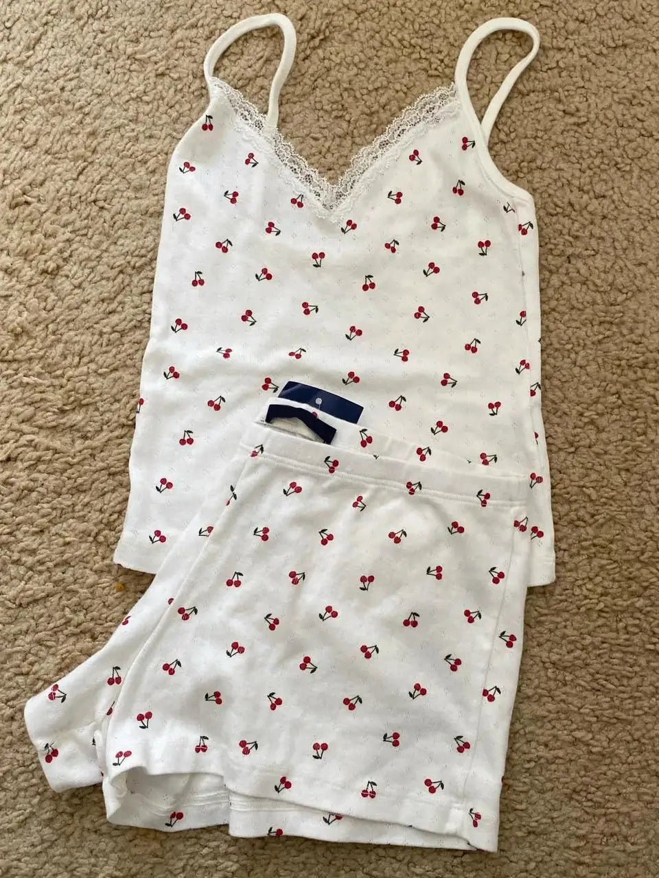 Strawberry Print Vest And Shorts Set For Women Eyelet Bow Tank Top