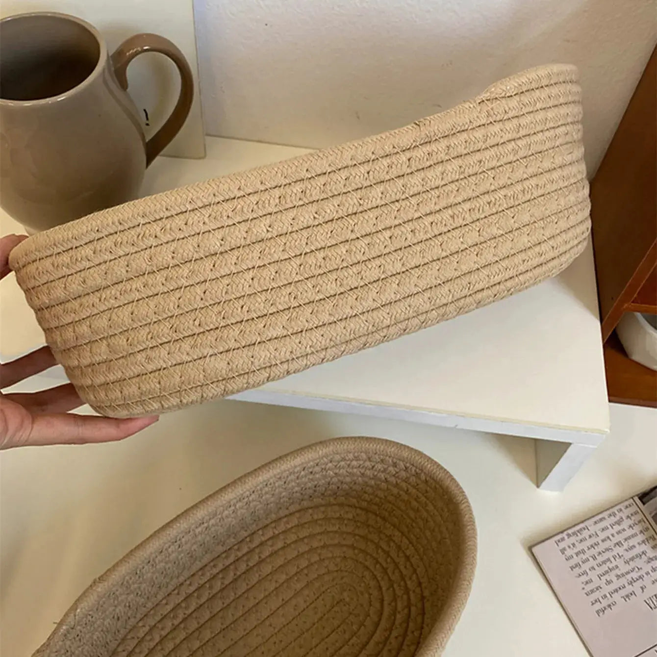Simples Market woven storage basket, long rectangular desktop organizer in natural beige